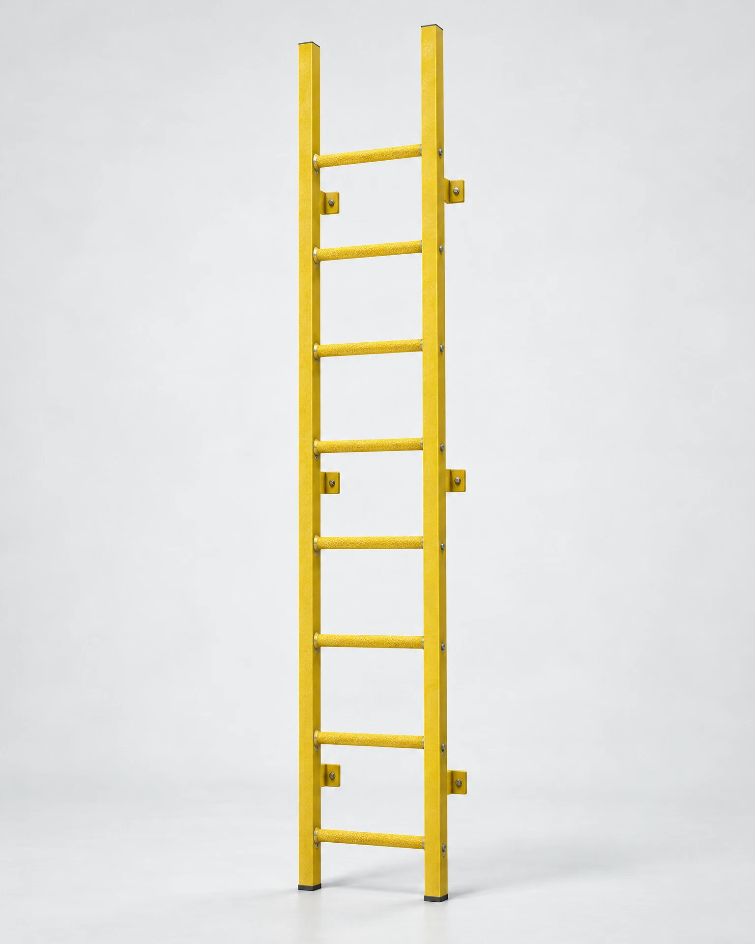 Illustrative studio render of a yellow FRP fixed access ladder without a guard cage