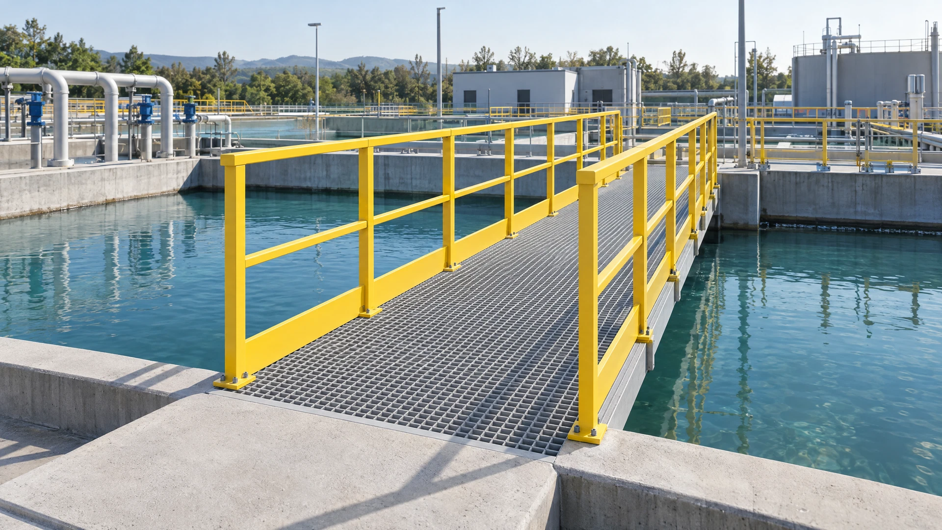 Illustrative render of a grey GRP grating access platform and yellow FRP handrail around a water treatment basin