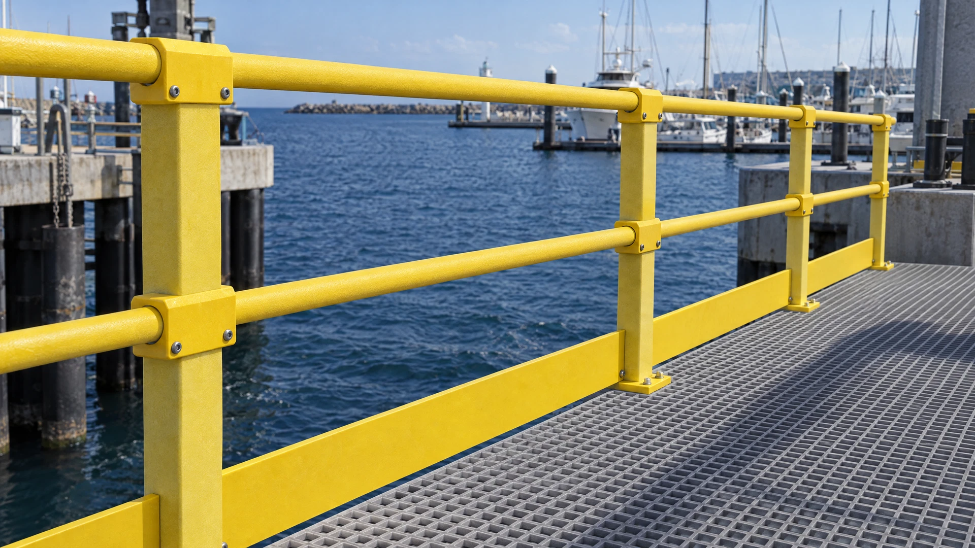 Illustrative render of a yellow composite handrail and connector parts on a GRP platform beside the sea